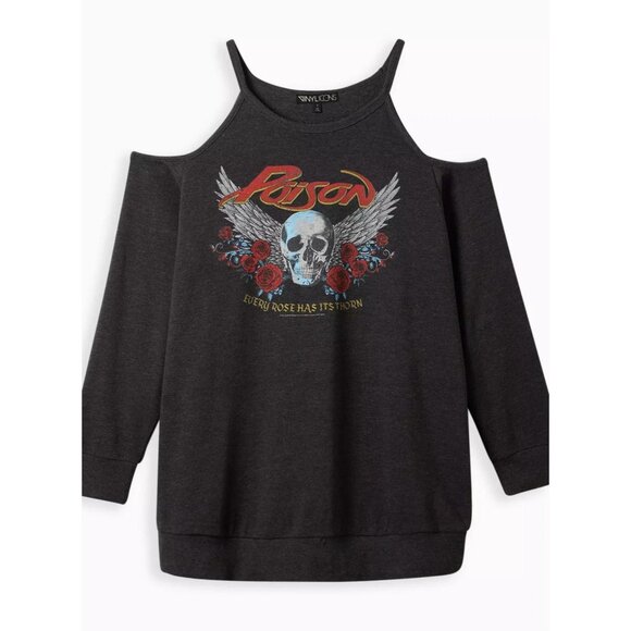 Vinyl Icons +5 Gray Fleece Knit Poison Band Skull-Rose Cold Shoulder Sweatshirt - Picture 8 of 8